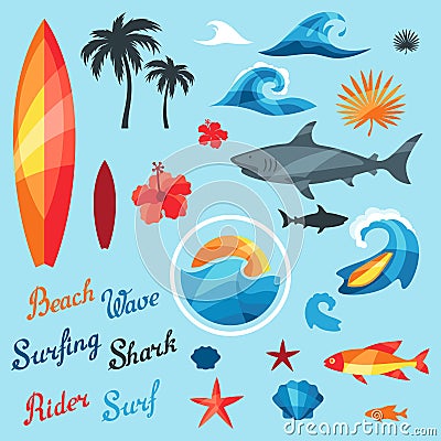 Set of surfing design elements and objects Vector Illustration