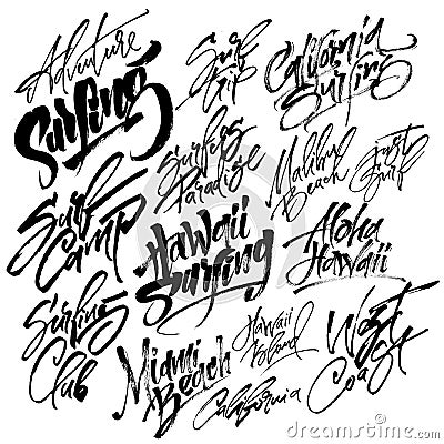 Set of Surfing Modern Calligraphy Hand Lettering for Serigraphy Print Vector Illustration