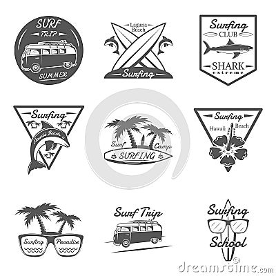 Set of surfing in monochrome style logos, emblems, labels and badges. Vector Illustration