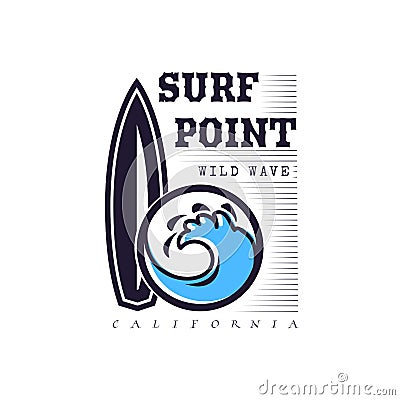 A set of surfing for printing. Wild wave logo, surf point sticker, elements of boards for school surfing. Vector Illustration