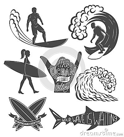 Set of surfing vintage design elements. Surf logo vector illustration. Surfboard logotypes. Retro Vector Illustration