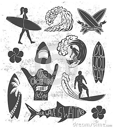 Set of surfing vintage design elements. Surf logo vector illustration. Surfboard logotypes. Retro Vector Illustration