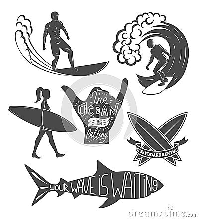 Set of surfing vintage design elements. Surf logo vector illustration. Surfboard logotypes. Retro Vector Illustration