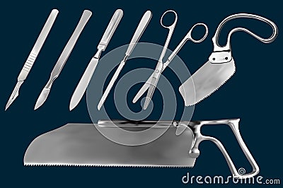 Set of surgical cutting tools. Reusable scalpel, scalpel with removable blade, Liston amputation knife , metacarpal saw Vector Illustration