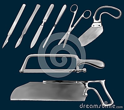 Set of surgical cutting tools. Reusable scalpels, Liston amputation knife , metacarpal saw, straight scissors, saw sheet Vector Illustration