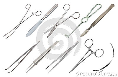 Set of surgical instruments. Different types of tweezers, scalpel, Liston s amputation knife, clip with fastener Vector Illustration