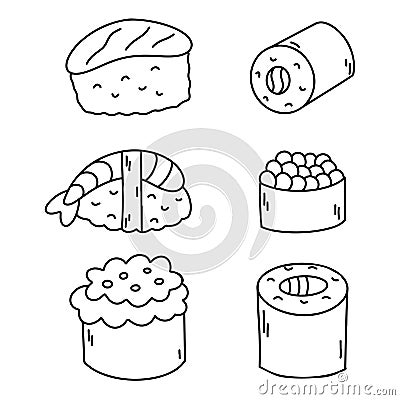 Set of sushi hand drawn doodle. Contour drawing, outline different asian food sushi rolls, tempura shrimp. Simple line Vector Illustration