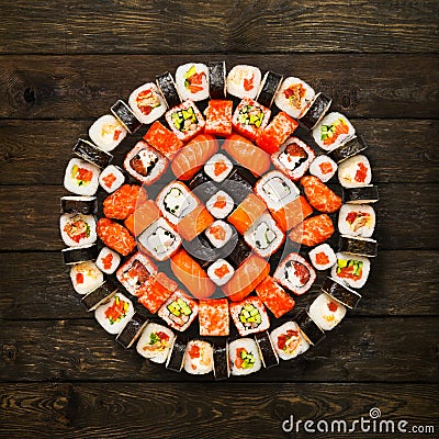 Set of sushi, maki and rolls at wood Stock Photo