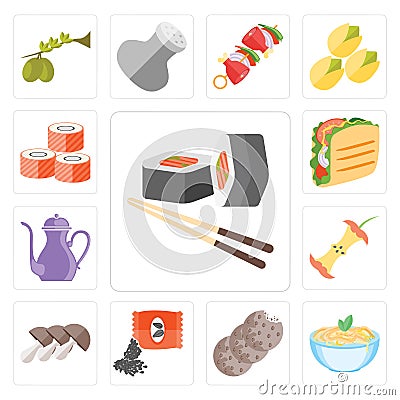 Set of Sushi, Pasta, Cookies, Seeds, Mushrooms, Apple, Teapot, T Vector Illustration