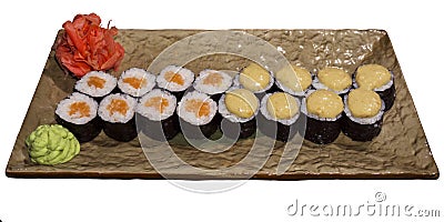 Set of sushi rolls Hosomaki on a rectangular stylized plate isolated Stock Photo