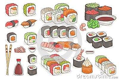 Set of sushi, rolls, wasabi, soy sauce, ginger, chopsticks. Traditional japanese seafood dishes. Hand drawn elements for Vector Illustration