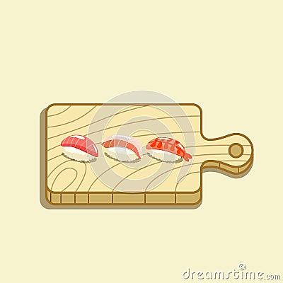 Set of sushi on wooden cutting board with tuna, shrimp, and tai sushi, cooking asian food concept Stock Photo