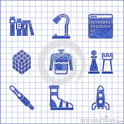 Set Sweater, Slippers with socks, Rocket ship, Chess, Audio jack, Rubik cube, Binary code and Book icon. Vector Vector Illustration
