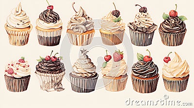 Set of sweet bakery decorated cupcakes, hand drawn illustration. Cupcake variety illustration on white background. Assortment of Cartoon Illustration