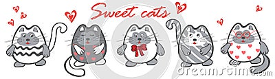 Set of sweet cats for valentine day with hearts Vector Illustration