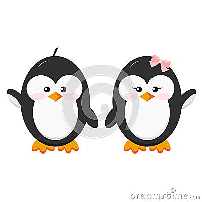 Set of sweet couple characters - boy and girl baby penguin icon hold hands Vector Illustration