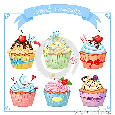 Set with sweet cupcake Vector Illustration