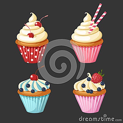 Set of sweet cupcakes. Vector pastries decorated with cherry, strawberries, blueberries, sweets. Vector Illustration