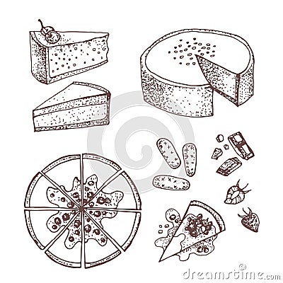 Set with sweet and dessert: cakes, pies, tarts,cheesecake, cookies, chocolate and strawberry . Vector Illustration