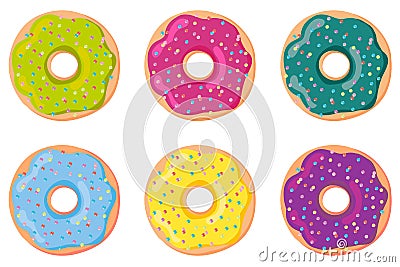 A set of sweet dough donuts. Donut, isolated on white background. Vector Vector Illustration