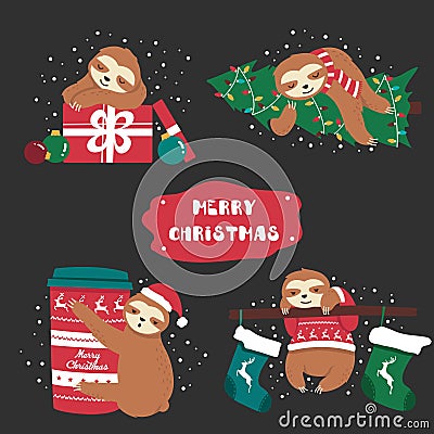 Set of sweet funny animal sloth and decoration Vector Illustration