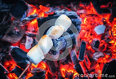 Set of sweet marshmallows roasting over red fire flames. Marshmallow on skewers roasted on charcoals Stock Photo