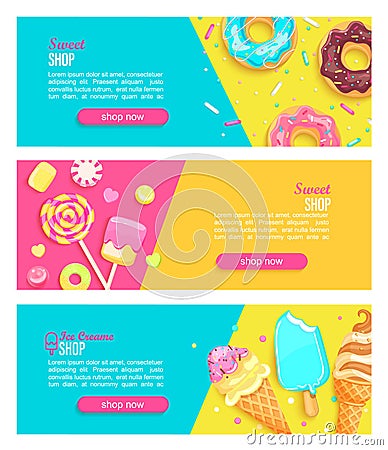 Set of sweet shop horizontal banners. Vector Illustration