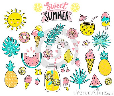 Set of sweet summer hand drawn elements. Vector Illustration