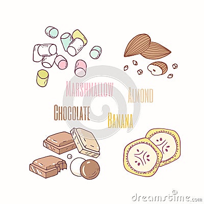 Set of sweet toppings marshmallow, almond, chocolate and banana. Hand drawn food Vector Illustration