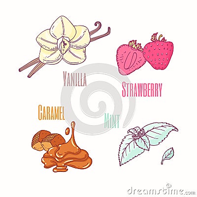Set of sweet toppings - vanilla, strawberry, caramel and mint. Hand drawn food Vector Illustration