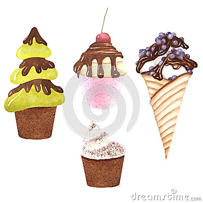 Set of sweets, cake, ice cream, cupcakes on white background. Stock Photo