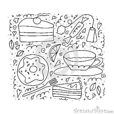 Set of sweets and cakes. Tea time concept on a white background. Coloring book Vector Illustration