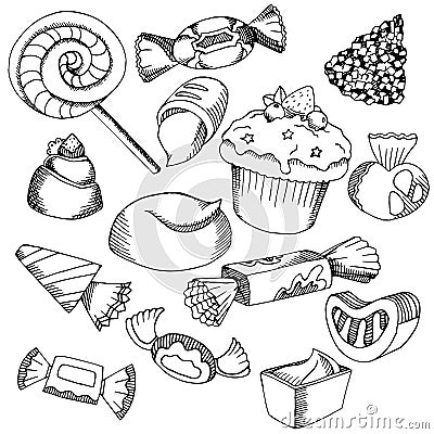 Set of sweets and candies, black and white line art isolated on white background. Vector desserts design elements Vector Illustration