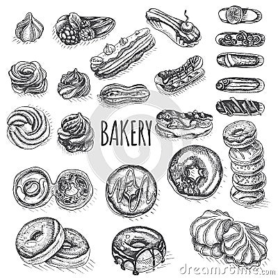 Set of sweets. Collection of sketches donuts, eclairs, marshmallows Cartoon Illustration