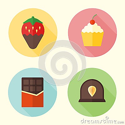 Sweets, confection round icons with long shadow Vector Illustration