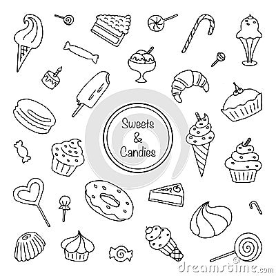 Set of sweets. Editable outline dessert icons. Collection of muffins, cakes, candies, cupcakes, ice cream, lollipops Vector Illustration