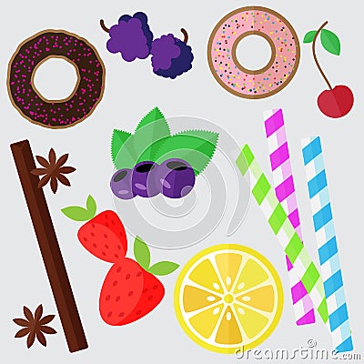 Set of sweets, flat illustration. Donut, berries, and lemon vector elements Vector Illustration