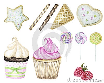 Set of Sweets hand drawn deserts with Cream and biscuit, waffle, piece of layered cake and cupcake. Watercolor delicious Cartoon Illustration