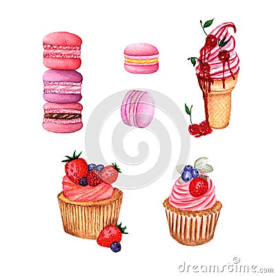 Set of sweets, illustration of ice cream with cherry berries, muffins with cream and berries and defferent taste of macaroons. Cartoon Illustration