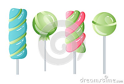 Set of sweets on white background - hard candy and bar, candy cane, lollipop, candy on stick. Tasty delicious. Vector Vector Illustration