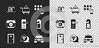 Set Swimming pool, Covered with tray of food, Stars rating, Hotel door, Wi-Fi wireless internet, Taxi car, Telephone Vector Illustration