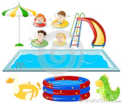 Set with swimming pool and kids swimming Vector Illustration