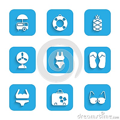 Set Swimsuit, Suitcase, Glasses, Flip flops, Electric fan, Pineapple and Fast street food cart icon. Vector Vector Illustration