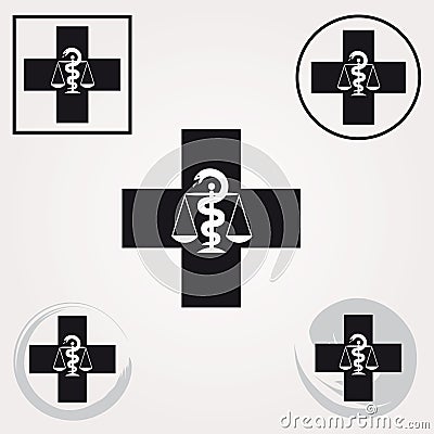 Set of Swiss Pharmacy Icons with Caduceus Symbol in Black and White - Swiss Cross Symbol Vector Illustration