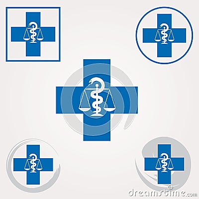 Set of Swiss Pharmacy Icons with Caduceus Symbol in Blue Colors - Swiss Cross Symbol Vector Illustration