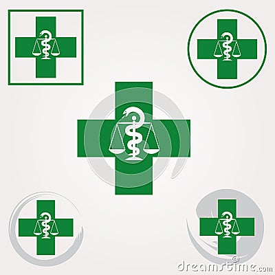 Set of Swiss Pharmacy Icons with Caduceus Symbol in Green Colors - Swiss Cross Symbol Vector Illustration