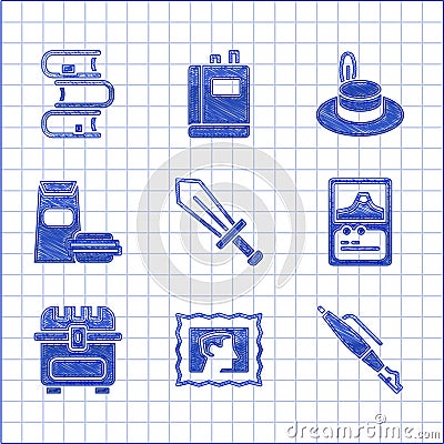Set Sword for game, Postal stamp, Fountain pen nib, Card, Antique treasure chest, Burger, Man hat and Book icon. Vector Vector Illustration