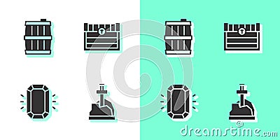 Set Sword in the stone, Wooden barrel, Diamond and Antique treasure chest icon. Vector Vector Illustration