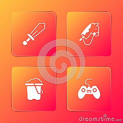 Set Sword toy, Toy horse, Sand in bucket and Gamepad icon. Vector Stock Photo