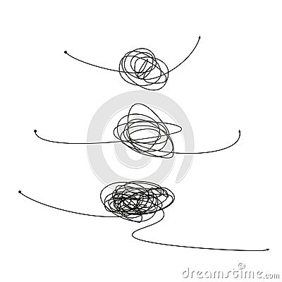 Set of symbol of complicated way with scribbled round element, chaos sign, pass the way linear arrow with clew or tangle Vector Illustration